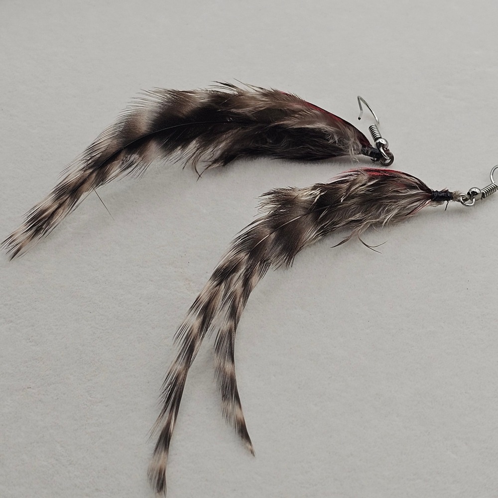Feather Dangle Earrings‎ 4"+ Brown Red Grizzly Striped Boho Chic Tribal Western - Picture 9 of 12
